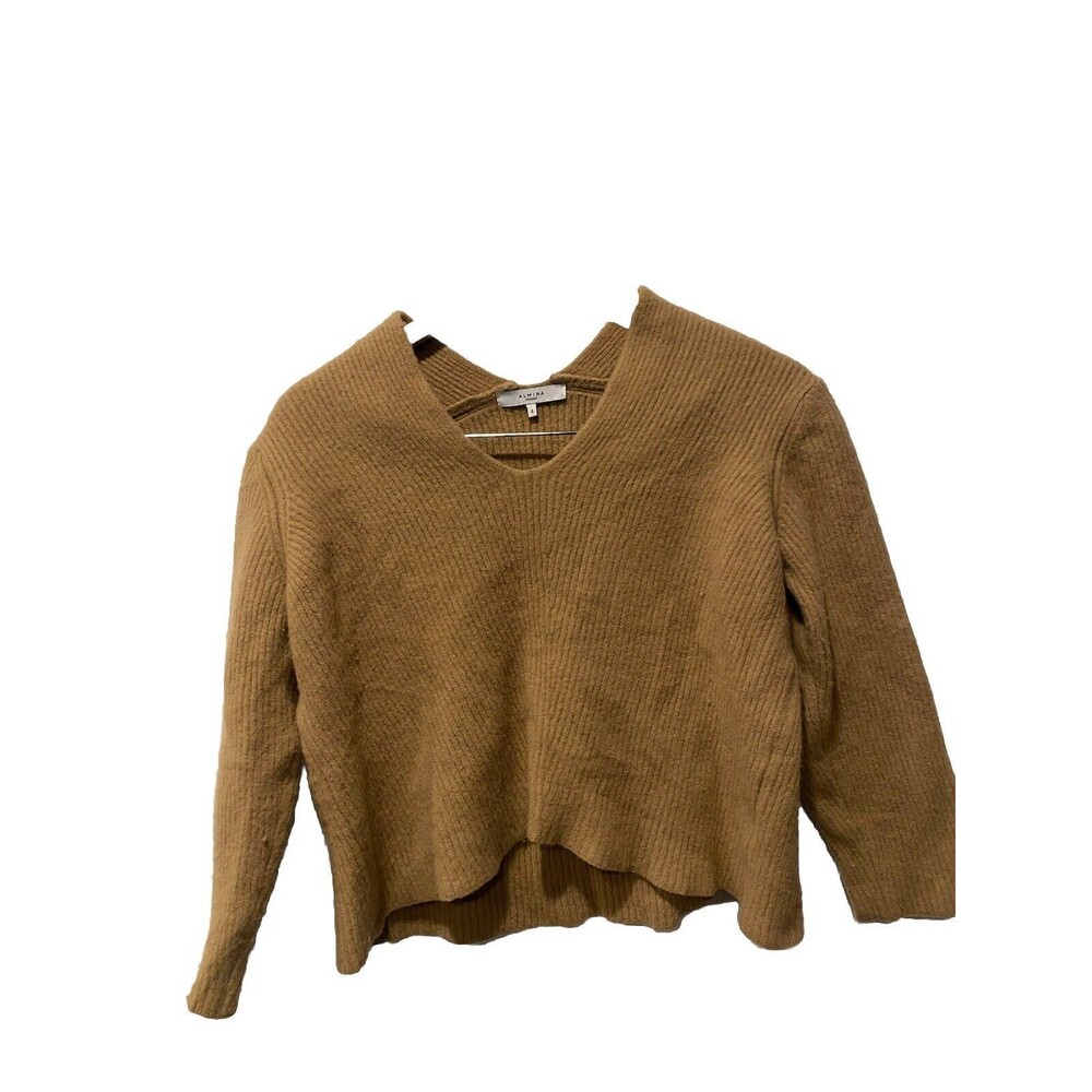 Almina Concept Womens V Neck Cropped 100 % lambswool geelong sweater Tan Sz S